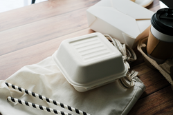 Eco friendly fast food and drink biodegradable containers from recycle paper with plastic . climate change and environment saving concept .Top view